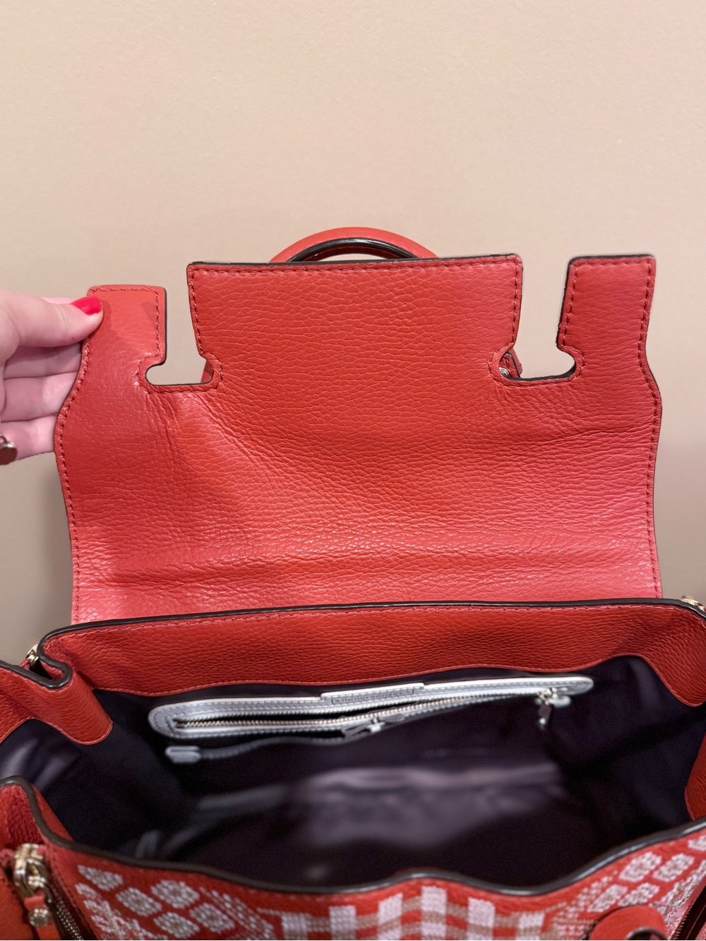 Henri Bendel Tribal Geo Embroidered Bag Paprika Red/Orange - Picture 11 of 14
